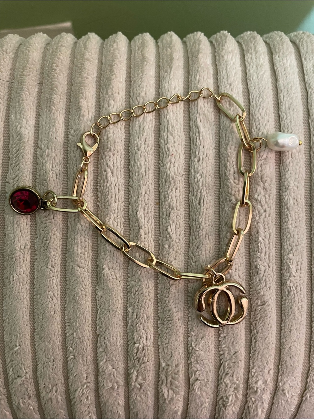 Gold Charm Paperclip Bracelet with Red Crystal, Pearl Accent and Chanel charm